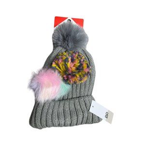 BP Hat Youth Kids Pick A Pom Gray Chunky Nit Beanie Cap Pink Tie Dye Colorful